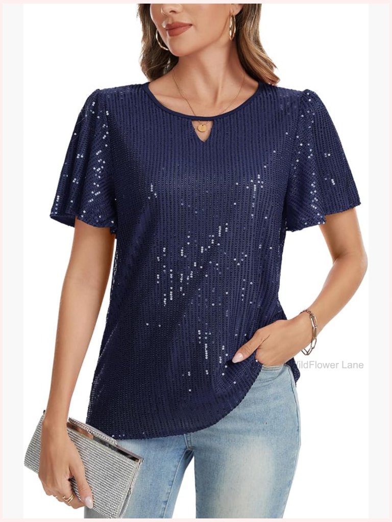 Sequin Tops Crew Neck Ruffle Short Sleeve Sparkly Blouses Fully Lined Shirt For
